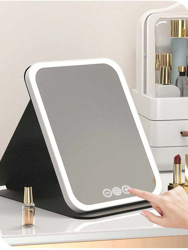 Espejo de maquillaje con luz LED con iluminación ajustable en 3 colores, espejo de tocador plegable con soporte de mesa, espejo portátil HD inteligente para uso en el hogar, dormitorio, viajes