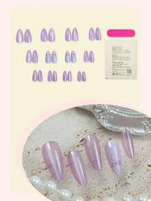 24片猫眼美甲贴纸，中号杏仁形美甲贴纸，紫色蝴蝶结简约设计，全覆盖假指甲，适合女性和女孩日常佩戴 - 彩色 - 查看 2