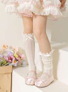 1 Pair Lace Edge Ankle Length Socks, Hollow Out Calf High Socks With Bowknot, Lolita Ballet Style, Thin Fabric, Spring/Summer