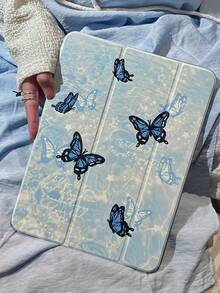 1pc Beautiful Blue Butterfly & Letter Printed Double Side Acrylic Transparent Crystal Protective Case, Compatible With IPad/, Supports Sleep/Wake Function - View 3