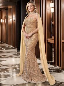 HOMEYEE 优雅美人鱼下摆雪纺披肩袖亮片连衣裙两件套，适合婚礼宾客、正式派对、秋冬季 - 金色 - 查看 3
