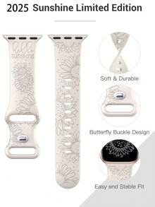 1 pieza Pulsera de silicona compatible con Apple Watch de 42mm, 41mm, 40mm, 38mm para mujer, con flor de girasol grabada, accesorio de moda elegante y deportivo compatible con Apple Watch Series 10/9/SE/8/7/6/5/4/3/2/1 - color de la luz de las estrellas - Ver 3