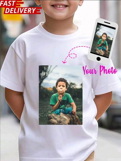 Customized Boys T-Shirt With Your Own Photo, Text Design Or Logo, Fast Shipping, White Color