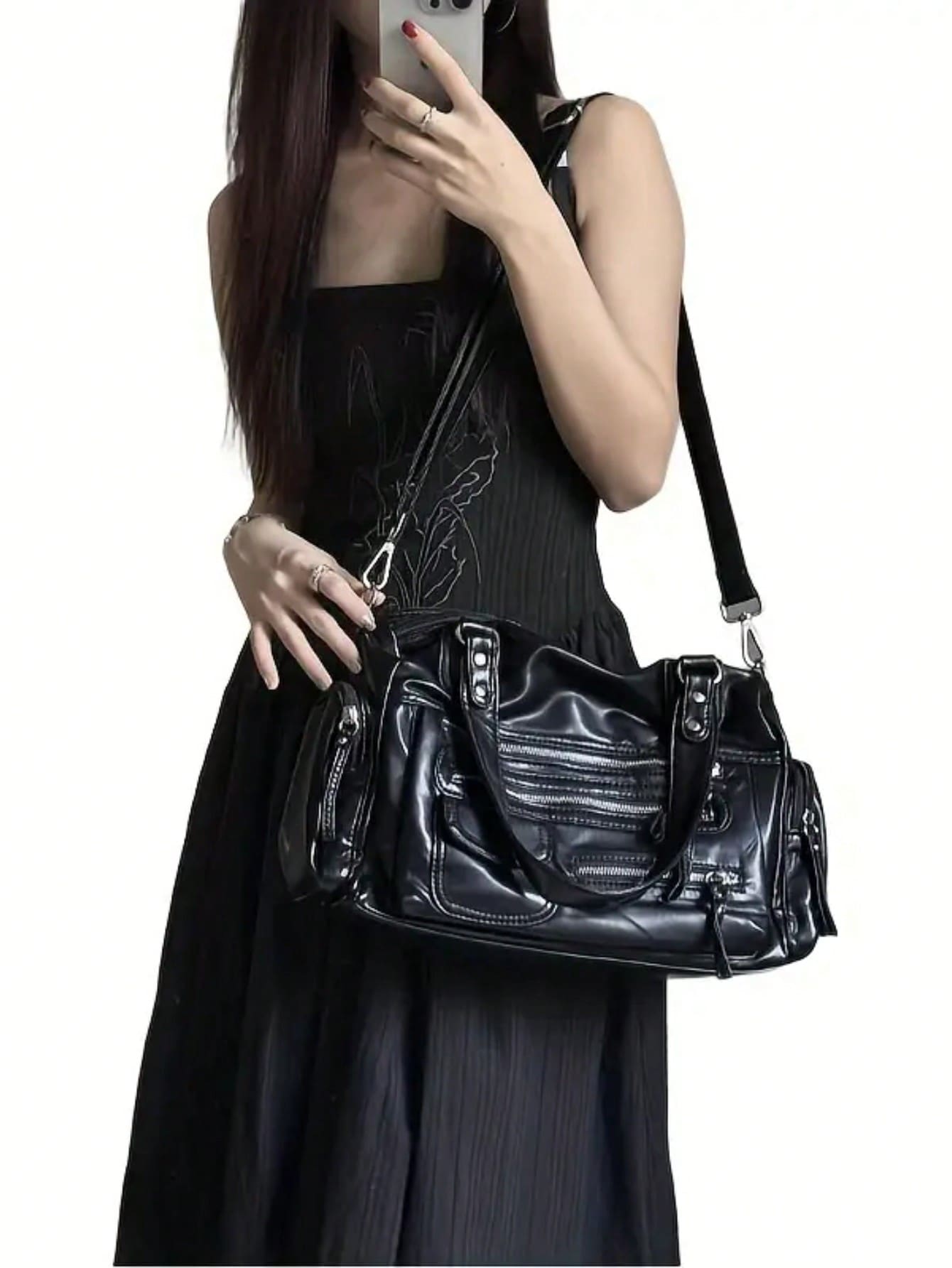 2025 New Punk Style Raven Motorcycle Bag, Fashion Multi-Zipper Pockets Large Capacity Shoulder Handbag, Unisex Retro High-End Tote Crossbody Bag - Black - View 1