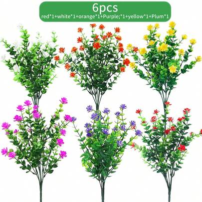 6pcs Outdoor Artificial Flowers, UV-Resistant Boxwood Eucalyptus Camellia Plastic Greenery, Indoor/Outdoor Hanging Flower Pot Decor For Home, Office, Wedding, Farmhouse, Suitable For All Seasons