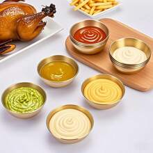 6/9/12 Pcs 9cm/3.46" Golden Stainless Steel Soy Sauce Dish Mini Individual Bowls Round Seasoning Dipping Sauce Plate For Sushi Tomatoes BBQ Appetizer Dip, Cheese Saucer Luxury Dish Set