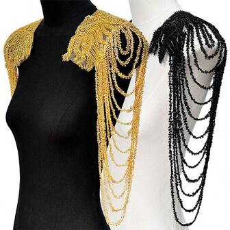 1pc, Fringed Chain Sequined Shoulder/Wedding Dress Performance Wear Fashion Accessories/Golden Embroidered Cloth Sticker, Clothing Decoration Accessories