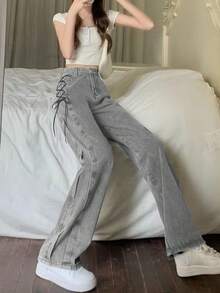 女式高腰宽松直筒破洞牛仔裤，修身显瘦