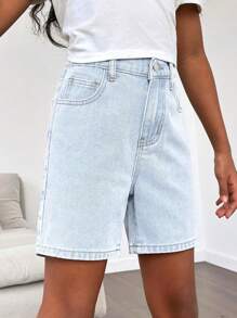 Girls Vintage 20th Century Stone Washed Loose Fit Covered Pocket Denim Shorts