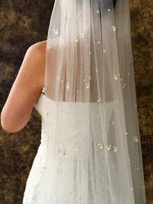 1 pieza Velo de novia estilo catedral con perlas, adecuado para bodas, fotografía, accesorios de fiesta, accesorios de oficina de registro con peine, ropa de otoño para mujeres - V130 - Ver 25