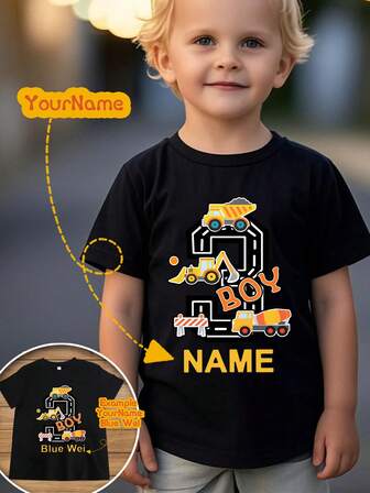 Camiseta deportiva de manga corta personalizada con diseño de excavadora para cumpleaños de niños, estampado creativo, ropa deportiva para niños, entrega rápida, color negro