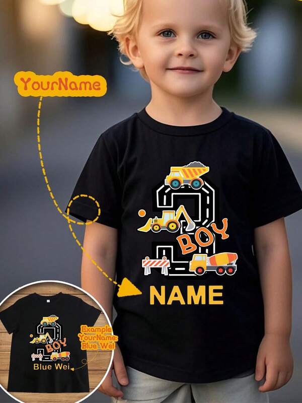 Personalized Excavator Birthday Design Boys' Sports Fashion T-Shirt, Creative Print Pattern, Kids' Short Sleeve Sportswear, Fast Delivery, Black