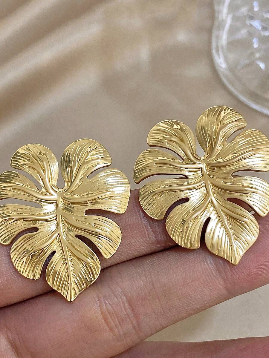 1 Cặp Hoa tai đinh tán lá cá nhân Hoa tai đinh tán vàng lớn cho phụ nữ Hoa tai thép không gỉ cho tiệc hàng ngày Quà tặng trang sức sinh nhật - Lá - Xem 1