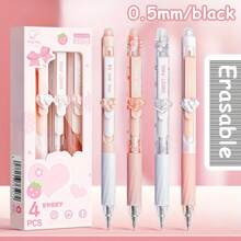 Set de 4 bolígrafos borrables retráctiles, con diseño de dibujos animados lindos, clip largo, agarre suave ergonómico, borrador incorporado, escritura suave, tinta mejorada para colores vívidos