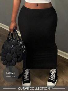 Summer Essentials 2025: Elegant & Sexy Plus Size Low-Rise Knitted Bodycon Maxi Skirt - Tummy Control, Versatile Beach To Club Outfits, Casual Chic Vacation & Festival-Ready Black Skirt For Women,Dresses For Women Summer,Streetwear Women,Gothic Clothes - Black - View 4