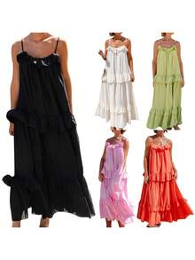 Women's Long Cami Dress Casual Loose Scoop Neck Back Tie-Up Swing Tiered Spaghetti Strap Maxi Dress - Pink - View 2