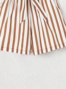 2 peças/Conjunto Top de Manga Curta com Estampa de Amor para Meninas e Adolescentes Uso Casual Diário + Shorts com Estampa Listrada com Cinto Listrado Aleatório