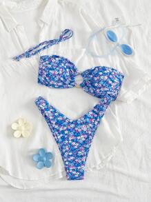 Conjunto de bikini de 2 piezas, estampado floral disperso y con espalda anudada, traje de baño para vacaciones en la playa