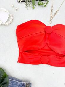 ELLIE Cropped Feminino Tomara Que Caia com Detalhes em Botão - Laranja - Visão 3