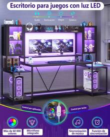 Escritorio Gamer Para Pc 190cm Con Luces, Enchufes, Estantes - Negro - Ver 4