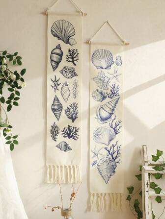 1 pièce Tapisserie murale décorative d'art nautique avec coquillage, corail et décor côtier, style bohème pour maison de plage, salon, chambre, salle de bain, fête d'été, avec bordures à franges