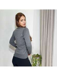 Women's Knitted Linen Cardigan With Button Closure - Grey - View 3