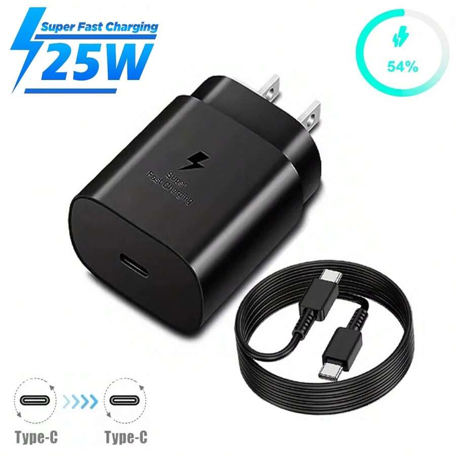 25W USB-C 超级快充充电器，配备 5A 双 Type-C 数据线（3.3 英尺/6.6 英尺）、Type-C 超级快充适配器、USB-C 墙式充电器及 USB-C 转 Type-C 快充线，兼容三星 Galaxy S25/S24/S23/S22/S21/S20，便携式旅行充电器，兼容 16/15 系列 - 美規A型插(110-127V) - 查看 1