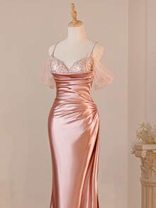 Graceful Pink Satin Spaghetti Strap Fitted Dress For Valentine's Day, Sisters, Evening Party, Wedding Season, Bridesmaid Dress - Pink - View 5