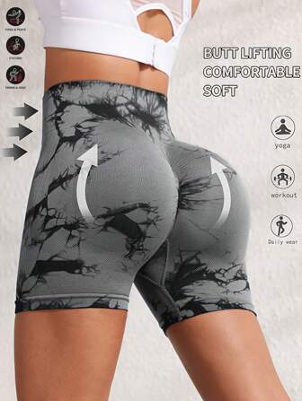 扎染瑜伽运动短裤女高腰无缝紧身裤提臀透气运动紧身裤健身短裤跑步健身锻炼日常穿着