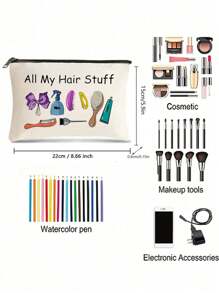 Unisex Makeup Bag With Hair Accessories Print - Multipurpose Cosmetic Pouch, Alcohol-Free, Ideal For Travel & Bridal Parties, Perfect For Hair Ties, Clips, Headbands