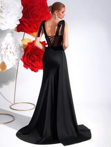 Vestido largo de fiesta para eventos formales y bodas con lazo, sin mangas, con pedrería, cintura alta, con flecos, abertura en la espalda y lazo ajustable - Negro - Ver 2