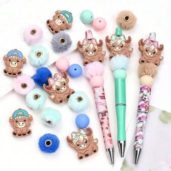 8 Pcs Cute Animal Silicone Beads With Plush Pom Pom, 15mm Large Hole Polyester Faux Fur Beads For Jewelry Making, DIY Jewelry Kit, Pens, Necklaces, Bracelets, Keychains, Handmade Crafts