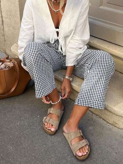 Women's Vintage Plaid Casual Pants Drawstring High Waist Straight Leg Trousers For Summer Daily Wear