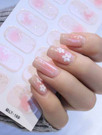 1pc Ombre French Nail Art Sticker, Floral Decorative Nail Wraps, Light Pink Waterproof Manicure Nail Sticker