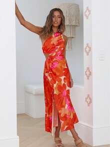 Leaf Print Bohemian Elegant High Slit Asymmetric/Asymmetrical Ruffle Hem Dress - Multicolor - View 4