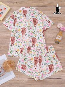 2 Pieces Set Highland Cow Print Women Plus Size Sleepwear Set, Including Soft Short Sleeve Collared Button Shirt Top And Elastic Waist Loose Shorts, Stylish Loungewear For Holiday Party, Home & Outdoor Casual Use