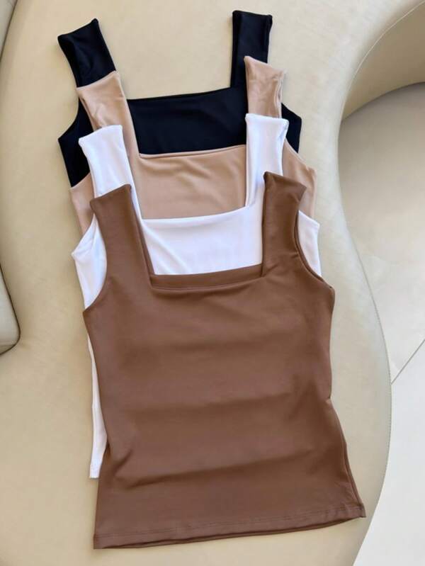 Kit 4 Blusas Feminina Regata Decote Quadrado Reto Suplex Verão Basica Lisa Moda Elegante Tendencia Blogueira