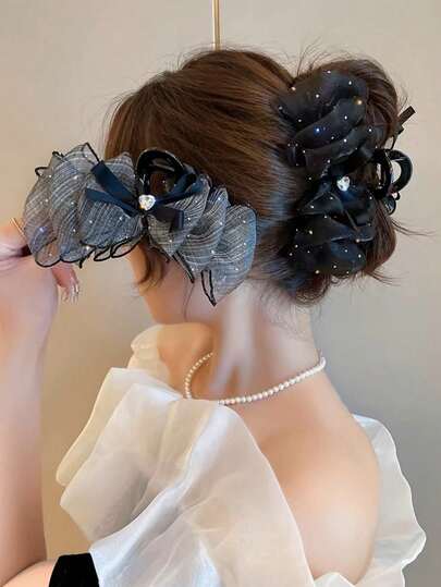 1pc New Lace Butterfly & Heart Rhinestone Decor Large Hair Claw Clip, Suitable For All Seasons Hair Accessories,Elegant Hair Clips,Women Hair Clutch