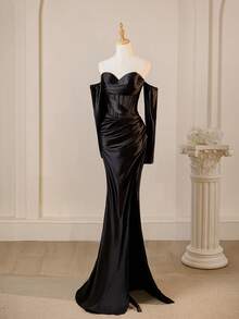Elegantes, schickes Damen Off-Shoulder Meerjungfrau-Schnitt Enges Langes Kleid, Formelles Abendkleid für Bankette, Partys, Proms, Winter, abnehmbare Ärmel - Schwarz - Übersicht 4