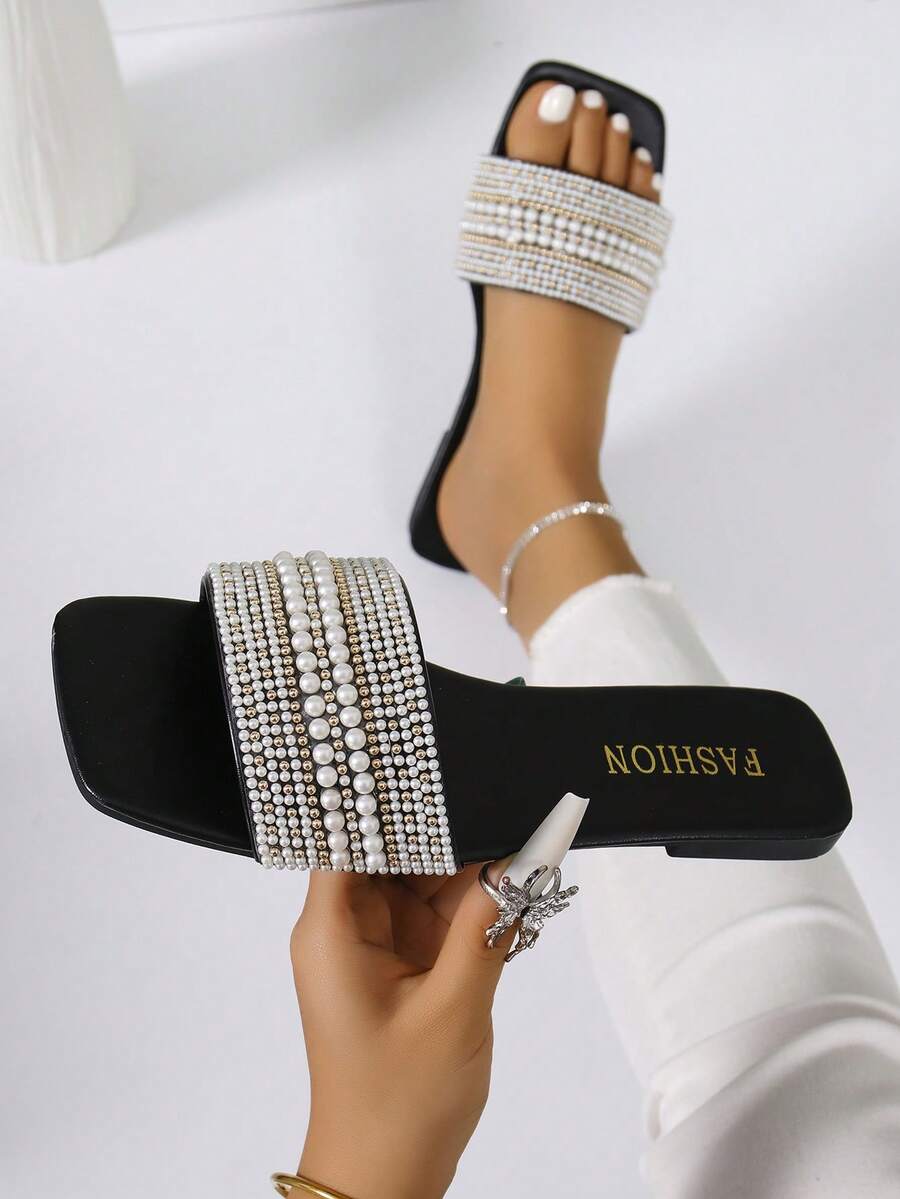 Women Summer New Faux Pearl & Rhinestone Decoration Open Toe Flat Slides Sandals, Solid Color Strap Casual Fashion Mule Shoes - Black - View 1