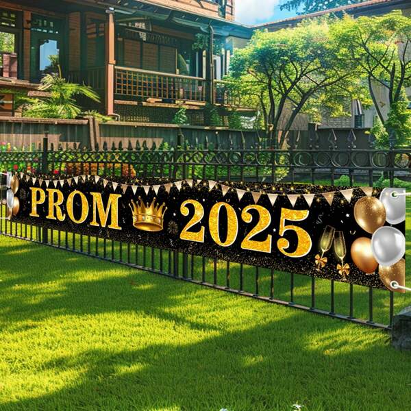 Prom 2025 Graduation Decorations Yard Banner Black Gold Prom Class Of 2025 Yard Sign Large Congrats Grad Banner For Graduation Prom Party Supplies