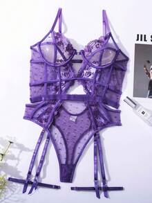 Ladies Sexy Lingerie Embroidered Fabrics Pajamas Doll Pants Teddy Lingerie One Piece - 紫色 - 查看 3