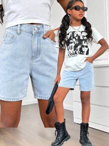 Girls Vintage 20th Century Stone Washed Loose Fit Covered Pocket Denim Shorts