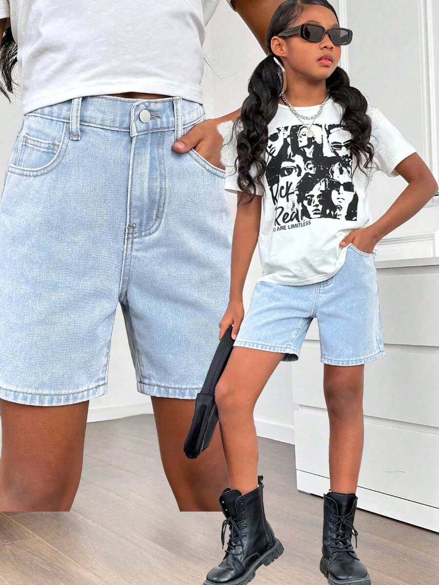 Girls Vintage 20th Century Stone Washed Loose Fit Covered Pocket Denim Shorts