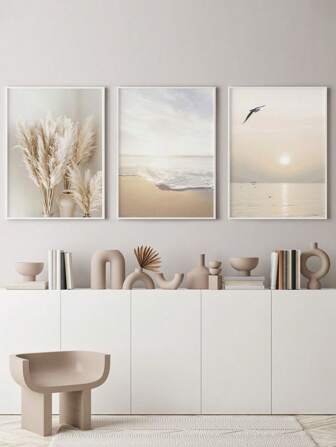1組3入北歐極簡主題夕陽風景掛畫,植物和花卉客廳畫芯無框