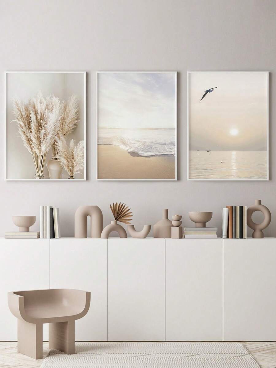 3PCS/1SET  Nordic Minimalist Sunset Landscape Hanging Paintings, Plant And Flower Living Room Painting Cores No Frame