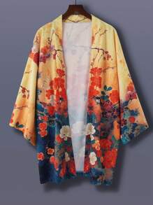 Minimalist-Style Japanese Inspired Floral Print Kimono Robe, Spring/Summer Loose Open Cardigan For Couples, Thin Jacket For Air Conditioning, Streetwear, Travel, Beach, Daily Wear, Shawl, Cultural Festival Costume