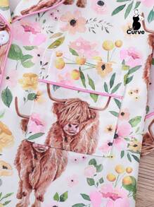 2 Pieces Set Highland Cow Print Women Plus Size Sleepwear Set, Including Soft Short Sleeve Collared Button Shirt Top And Elastic Waist Loose Shorts, Stylish Loungewear For Holiday Party, Home & Outdoor Casual Use