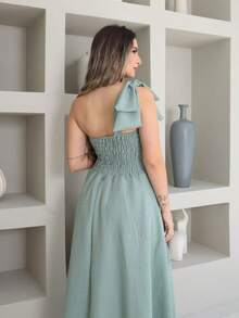 Helena Luxury Dune Linen Midi Dress With Bow On The Sleeve - 薄荷綠 - 查看 5