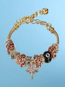 1pc New Leopard & Snake Bone Pattern Cross & Star Pendant Bracelet, Suitable For Daily Wear & Holiday Gift - Gold - View 5